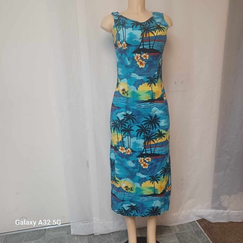 Vintage Aloha Republic SZ M Tropical Blue Sleeveless Dress Made Hawaii Summer